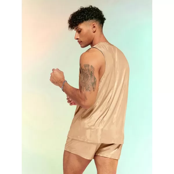 WDIRARA Men's 2 Piece Outfit Metallic Round Neck Sleeveless Tank Top and Drawstring Pocket Shorts