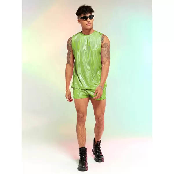 WDIRARA Men's 2 Piece Outfit Metallic Round Neck Sleeveless Tank Top and Drawstring Pocket Shorts