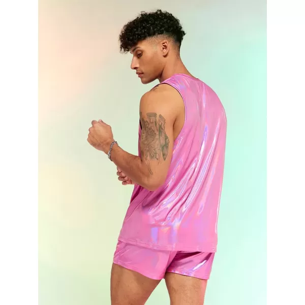 WDIRARA Men's 2 Piece Outfit Metallic Round Neck Sleeveless Tank Top and Drawstring Pocket Shorts