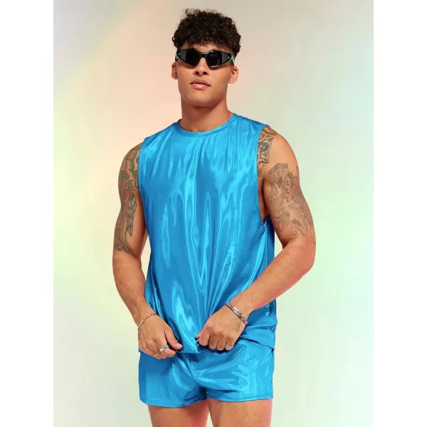 WDIRARA Men's 2 Piece Outfit Metallic Round Neck Sleeveless Tank Top and Drawstring Pocket Shorts