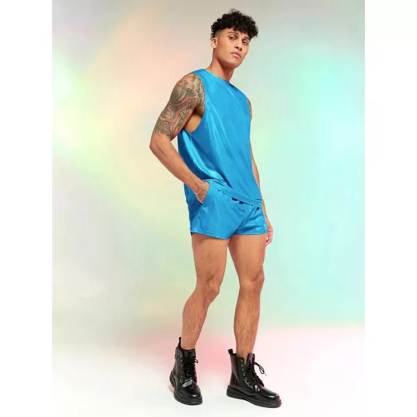 WDIRARA Men's 2 Piece Outfit Metallic Round Neck Sleeveless Tank Top and Drawstring Pocket Shorts