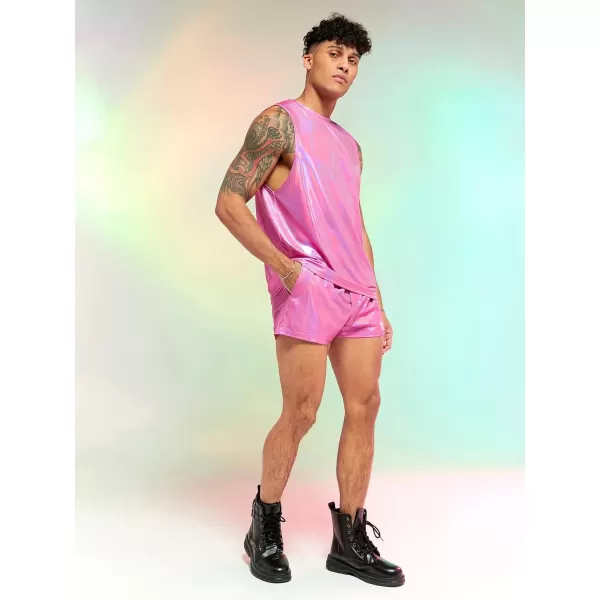 WDIRARA Men's 2 Piece Outfit Metallic Round Neck Sleeveless Tank Top and Drawstring Pocket Shorts