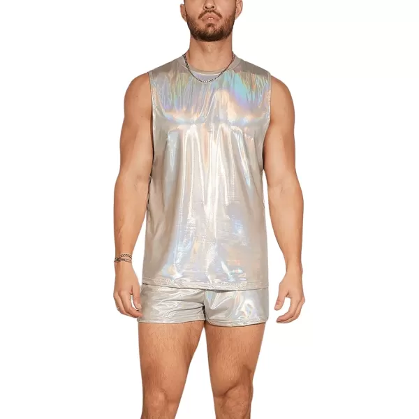 WDIRARA Men's 2 Piece Outfit Metallic Round Neck Sleeveless Tank Top and Drawstring Pocket Shorts