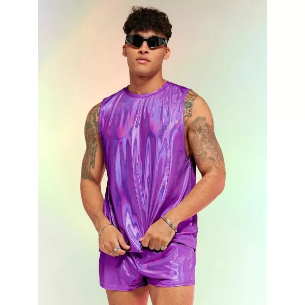 WDIRARA Men's 2 Piece Outfit Metallic Round Neck Sleeveless Tank Top and Drawstring Pocket Shorts