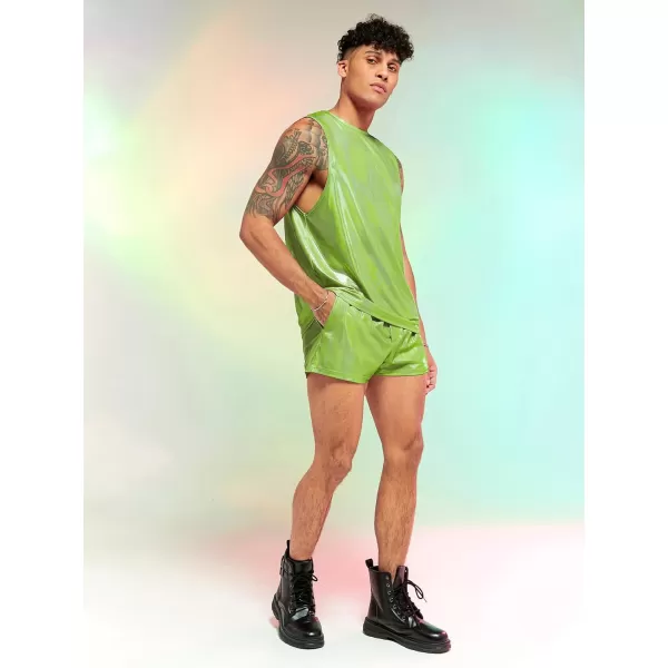 WDIRARA Men's 2 Piece Outfit Metallic Round Neck Sleeveless Tank Top and Drawstring Pocket Shorts