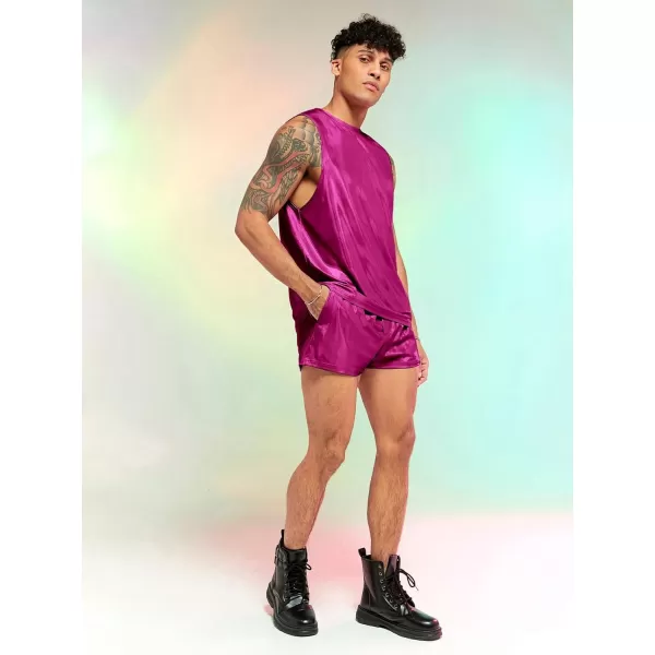 WDIRARA Men's 2 Piece Outfit Metallic Round Neck Sleeveless Tank Top and Drawstring Pocket Shorts