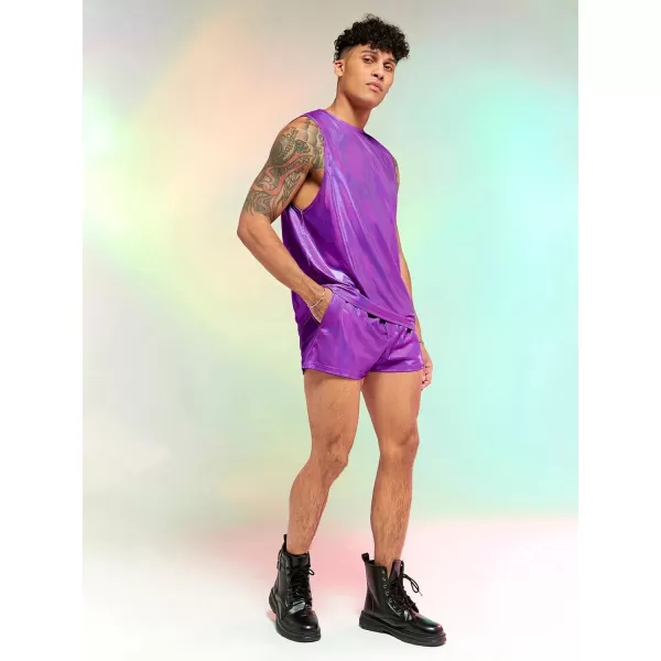 WDIRARA Men's 2 Piece Outfit Metallic Round Neck Sleeveless Tank Top and Drawstring Pocket Shorts