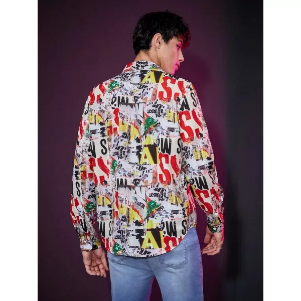 WDIRARA Men's All Over Printed Button Front Long Sleeve Casual Street Collared Blouse Shirts