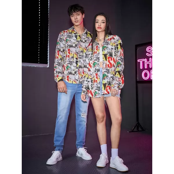 WDIRARA Men's All Over Printed Button Front Long Sleeve Casual Street Collared Blouse Shirts
