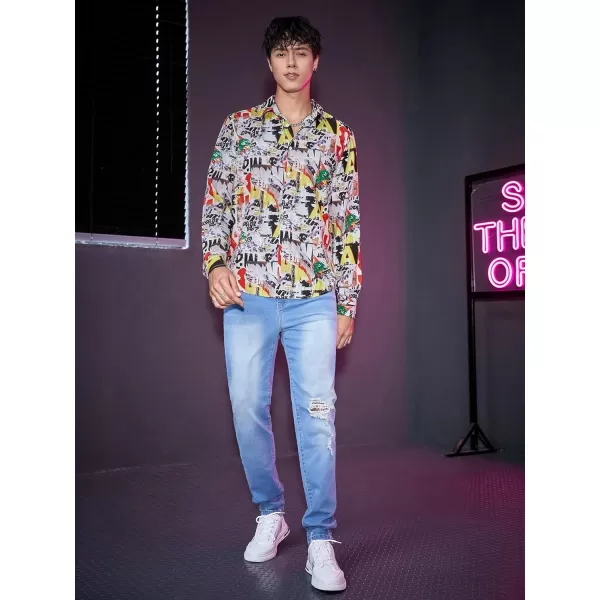WDIRARA Men's All Over Printed Button Front Long Sleeve Casual Street Collared Blouse Shirts