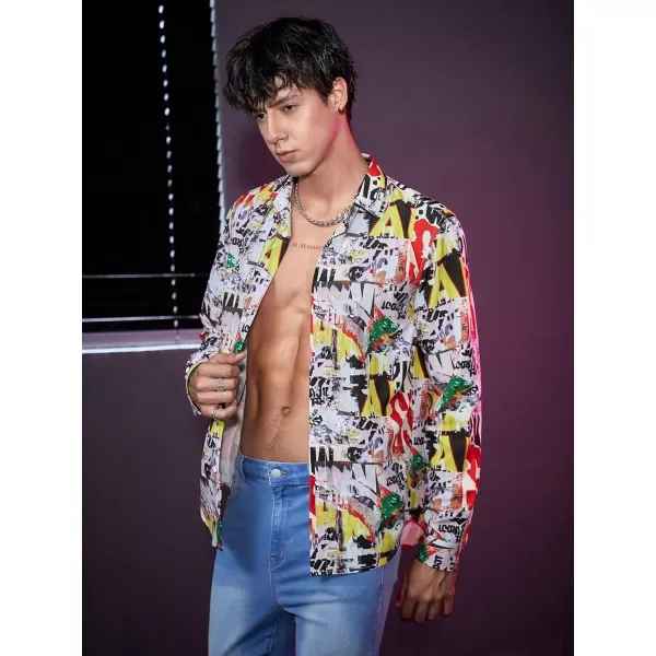WDIRARA Men's All Over Printed Button Front Long Sleeve Casual Street Collared Blouse Shirts