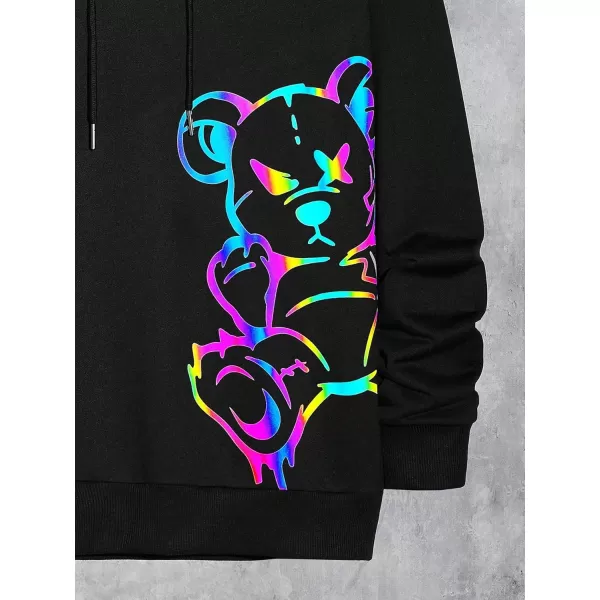 WDIRARA Men's Bear Print Drawstring Hoodie Reflective Drop Shoulder Long Sleeve Pullover Hooded Sweatshirts