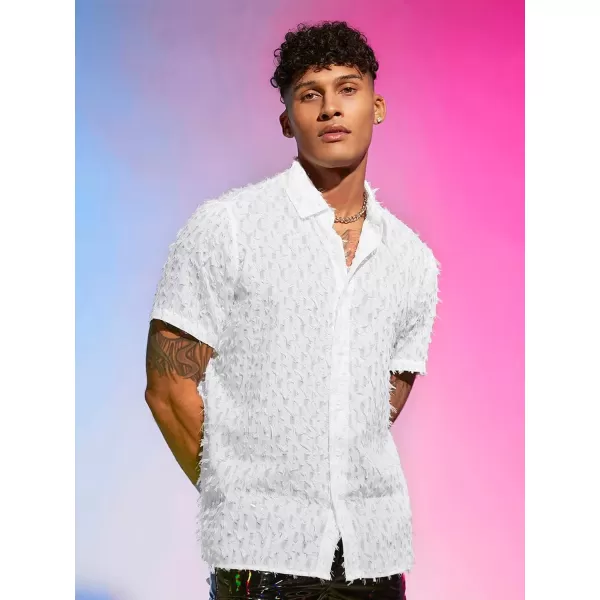 WDIRARA Men's Button Down Short Sleeve Fuzzy Trim Dressy Summer Shirt Plain Top