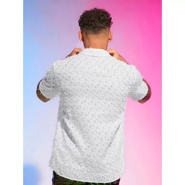 WDIRARA Men's Button Down Short Sleeve Fuzzy Trim Dressy Summer Shirt Plain Top