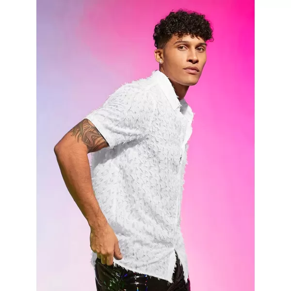 WDIRARA Men's Button Down Short Sleeve Fuzzy Trim Dressy Summer Shirt Plain Top