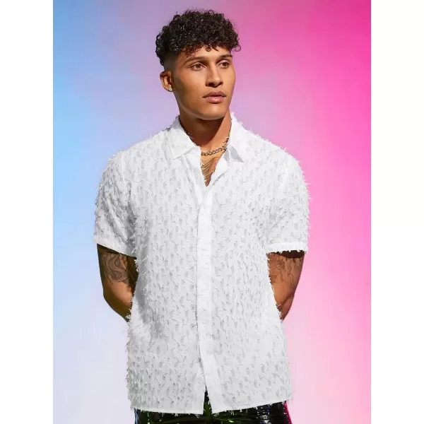 WDIRARA Men's Button Down Short Sleeve Fuzzy Trim Dressy Summer Shirt Plain Top