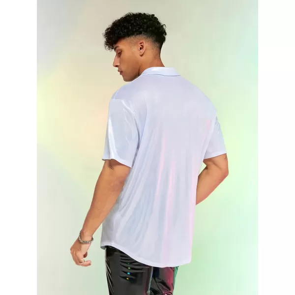 WDIRARA Men's Button Front Short Sleeve Collar Glitter Shirt Metallic Party Club Tops