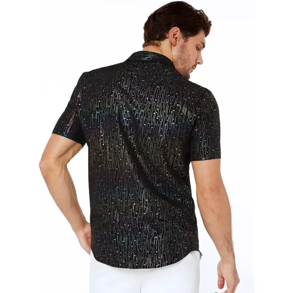 WDIRARA Men's Button Front Short Sleeve Collar Glitter Shirt Metallic Party Club Tops