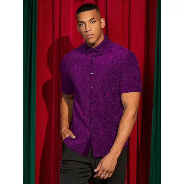 WDIRARA Men's Button Front Short Sleeve Collar Glitter Shirt Metallic Party Club Tops