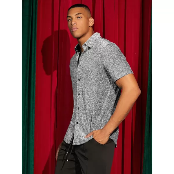 WDIRARA Men's Button Front Short Sleeve Collar Glitter Shirt Metallic Party Club Tops