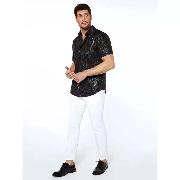 WDIRARA Men's Button Front Short Sleeve Collar Glitter Shirt Metallic Party Club Tops