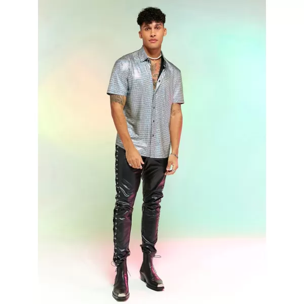 WDIRARA Men's Button Front Short Sleeve Collar Glitter Shirt Metallic Party Club Tops