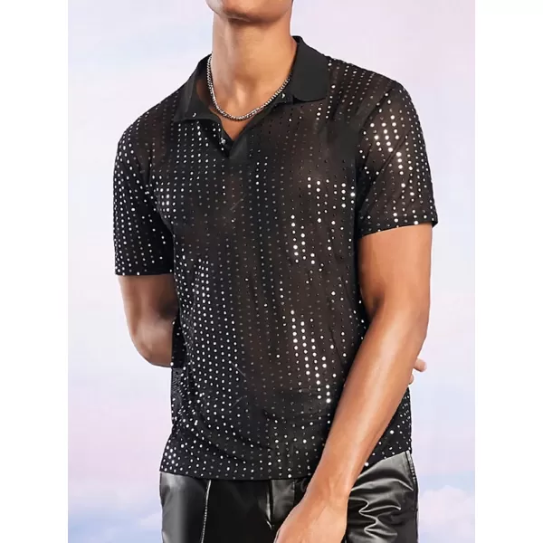 WDIRARA Men's Button Front Short Sleeve Collar Glitter Shirt Metallic Party Club Tops