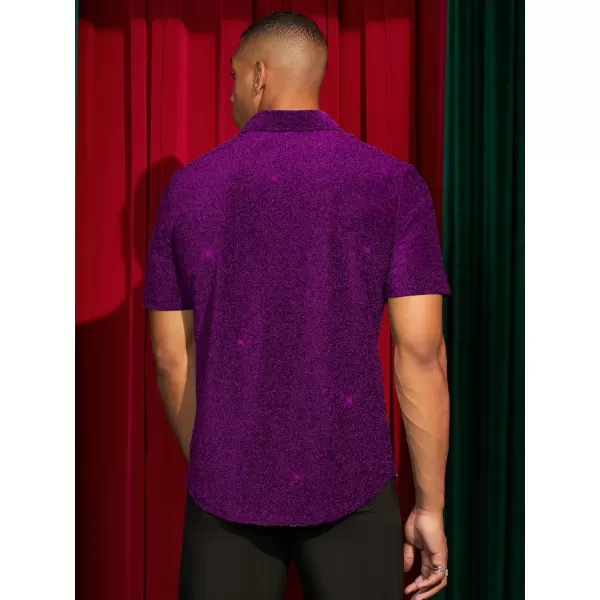 WDIRARA Men's Button Front Short Sleeve Collar Glitter Shirt Metallic Party Club Tops