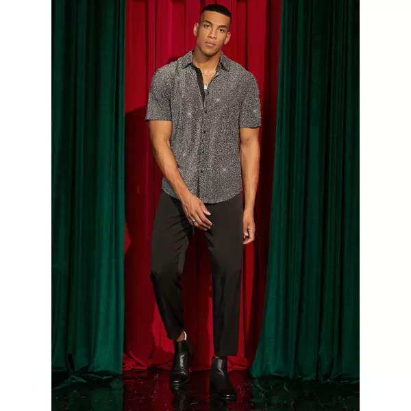 WDIRARA Men's Button Front Short Sleeve Collar Glitter Shirt Metallic Party Club Tops