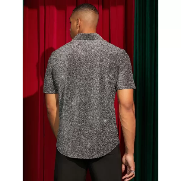 WDIRARA Men's Button Front Short Sleeve Collar Glitter Shirt Metallic Party Club Tops