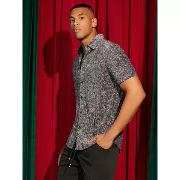 WDIRARA Men's Button Front Short Sleeve Collar Glitter Shirt Metallic Party Club Tops