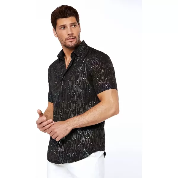 WDIRARA Men's Button Front Short Sleeve Collar Glitter Shirt Metallic Party Club Tops