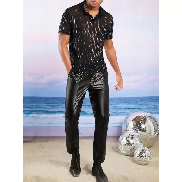 WDIRARA Men's Button Front Short Sleeve Collar Glitter Shirt Metallic Party Club Tops