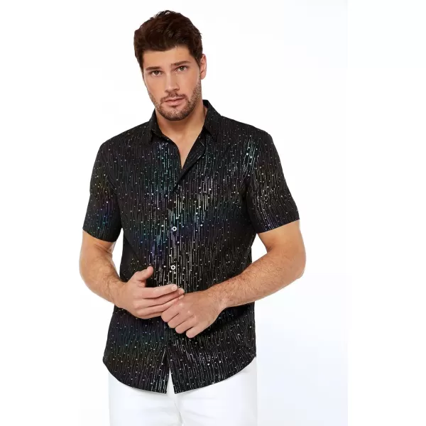 WDIRARA Men's Button Front Short Sleeve Collar Glitter Shirt Metallic Party Club Tops
