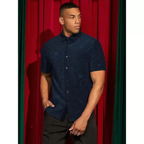 WDIRARA Men's Button Front Short Sleeve Collar Glitter Shirt Metallic Party Club Tops