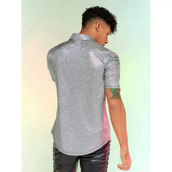 WDIRARA Men's Button Front Short Sleeve Collar Glitter Shirt Metallic Party Club Tops