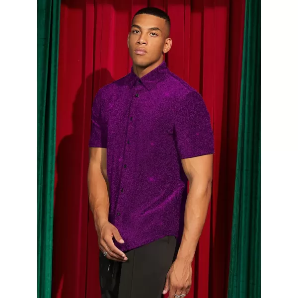 WDIRARA Men's Button Front Short Sleeve Collar Glitter Shirt Metallic Party Club Tops