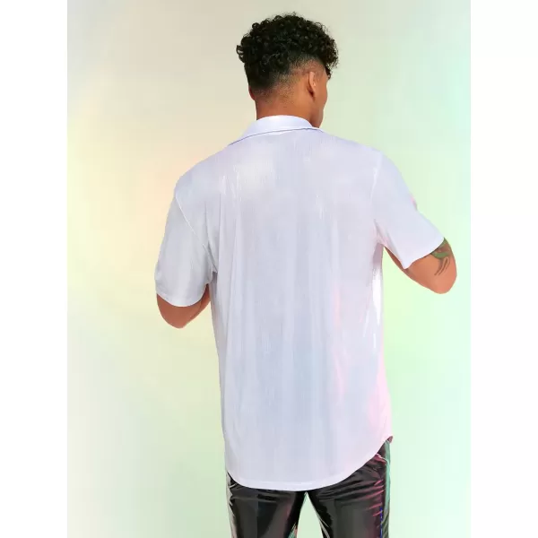 WDIRARA Men's Button Front Short Sleeve Collar Glitter Shirt Metallic Party Club Tops