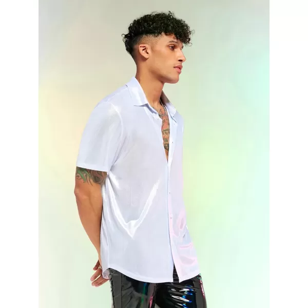 WDIRARA Men's Button Front Short Sleeve Collar Glitter Shirt Metallic Party Club Tops