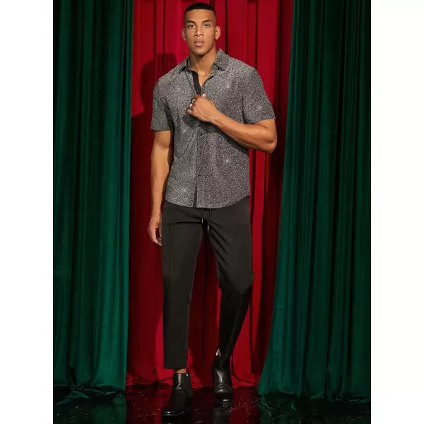WDIRARA Men's Button Front Short Sleeve Collar Glitter Shirt Metallic Party Club Tops