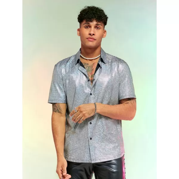 WDIRARA Men's Button Front Short Sleeve Collar Glitter Shirt Metallic Party Club Tops