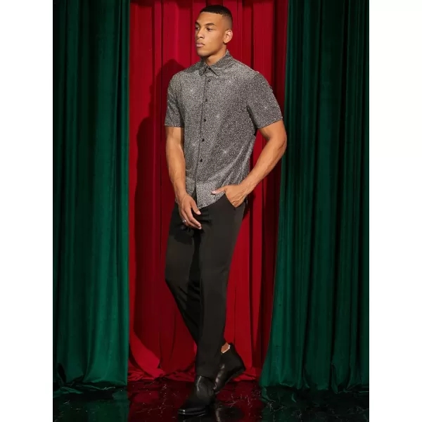 WDIRARA Men's Button Front Short Sleeve Collar Glitter Shirt Metallic Party Club Tops