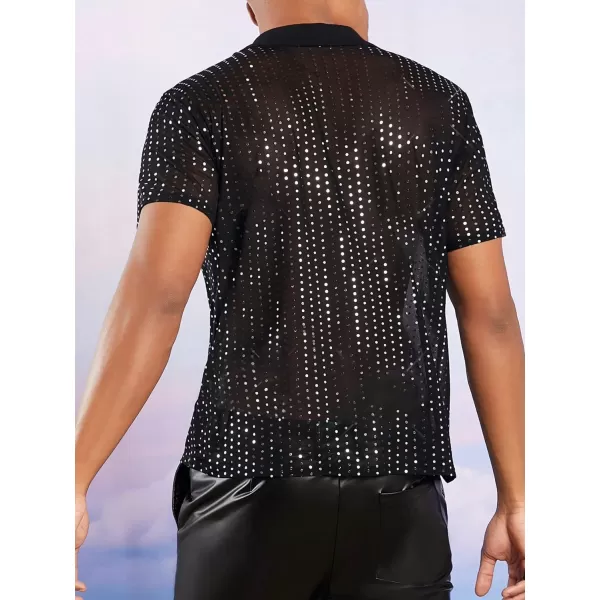 WDIRARA Men's Button Front Short Sleeve Collar Glitter Shirt Metallic Party Club Tops
