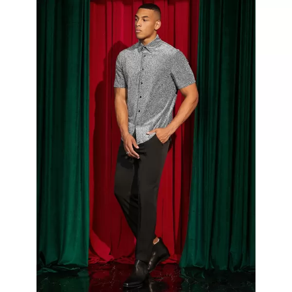 WDIRARA Men's Button Front Short Sleeve Collar Glitter Shirt Metallic Party Club Tops