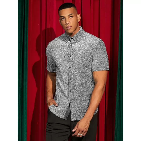 WDIRARA Men's Button Front Short Sleeve Collar Glitter Shirt Metallic Party Club Tops