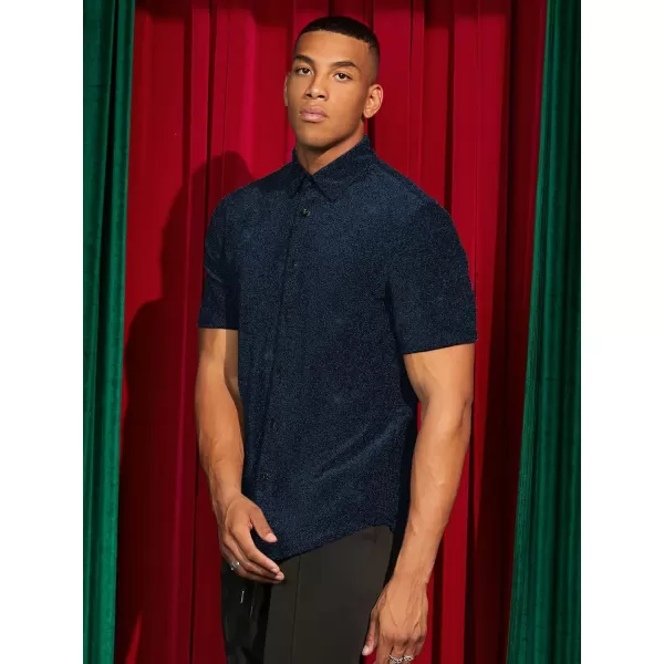 WDIRARA Men's Button Front Short Sleeve Collar Glitter Shirt Metallic Party Club Tops