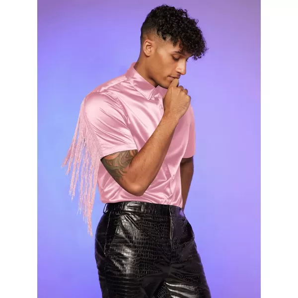 WDIRARA Men's Button Front Short Sleeve Fringe Trim Party Shirt Collar Club Tops