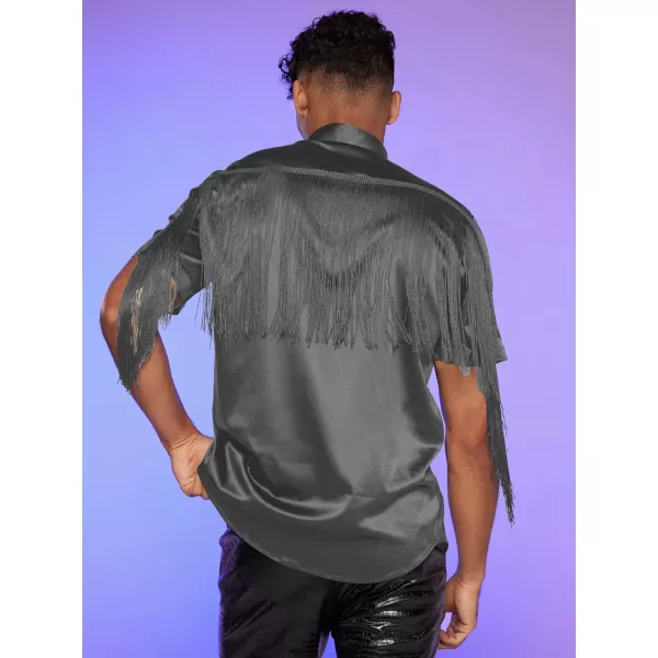 WDIRARA Men's Button Front Short Sleeve Fringe Trim Party Shirt Collar Club Tops