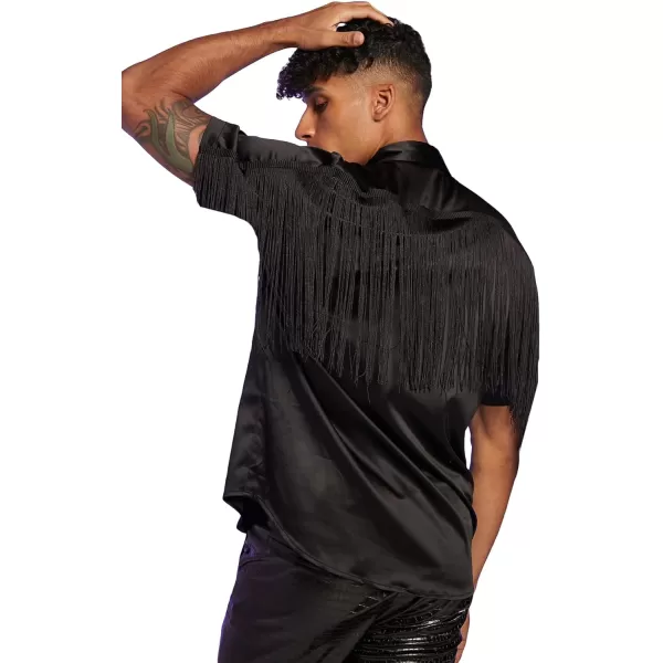 WDIRARA Men's Button Front Short Sleeve Fringe Trim Party Shirt Collar Club Tops