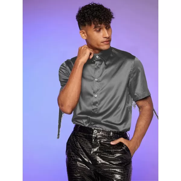 WDIRARA Men's Button Front Short Sleeve Fringe Trim Party Shirt Collar Club Tops